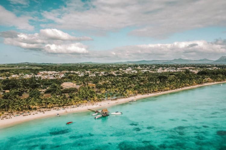 Aerial views of Trou aux Biches and sea